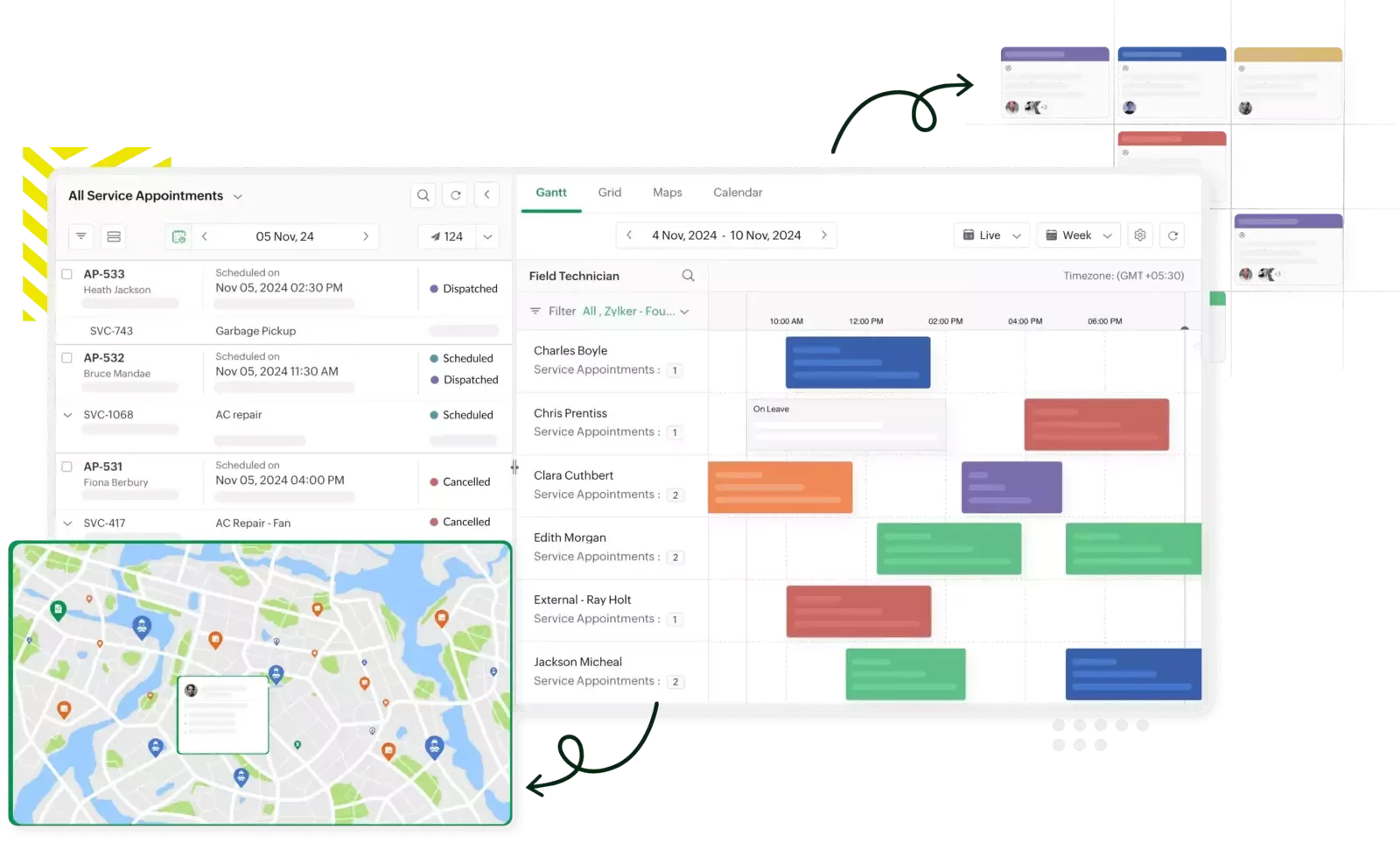 Field service dispatch dashboard with list of appointments and tech locations