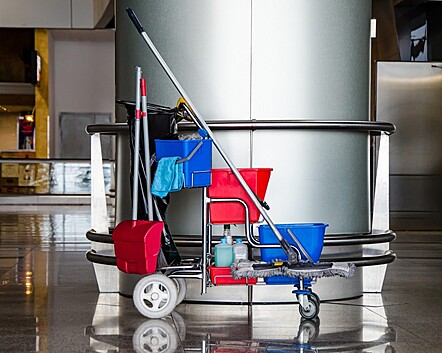 Cleaning tools representing a Los Angeles cleaning crew using field service software for scheduling and billing