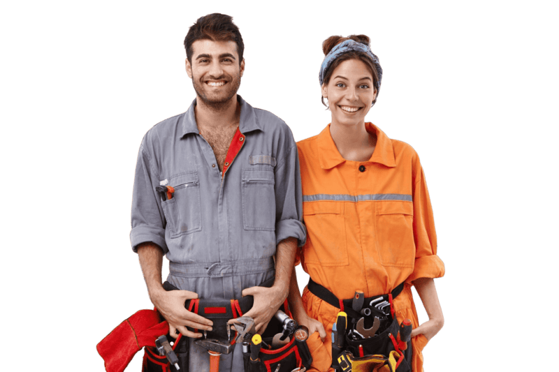 Two field service technicians using mobile software to manage jobs and schedules on-site
