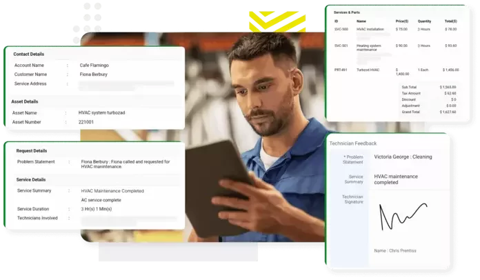 PDF-style service report with photos, time log, and customer signature